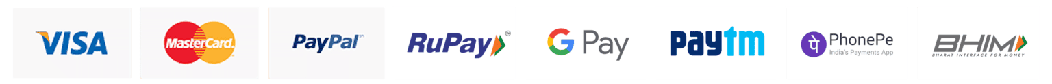 VISA, MasterCard, PayPal, RuPay, Google Pay, Paytm, PhonePe, BHIM digital payment logos for secure online transactions.
