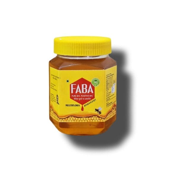 Faba Store honey jar with yellow lid, boosting immunity and natural health benefits.
