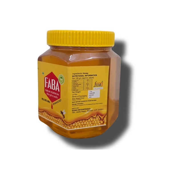 A jar of pure, natural honey from Faba Store with a yellow lid, ideal for health and wellness.